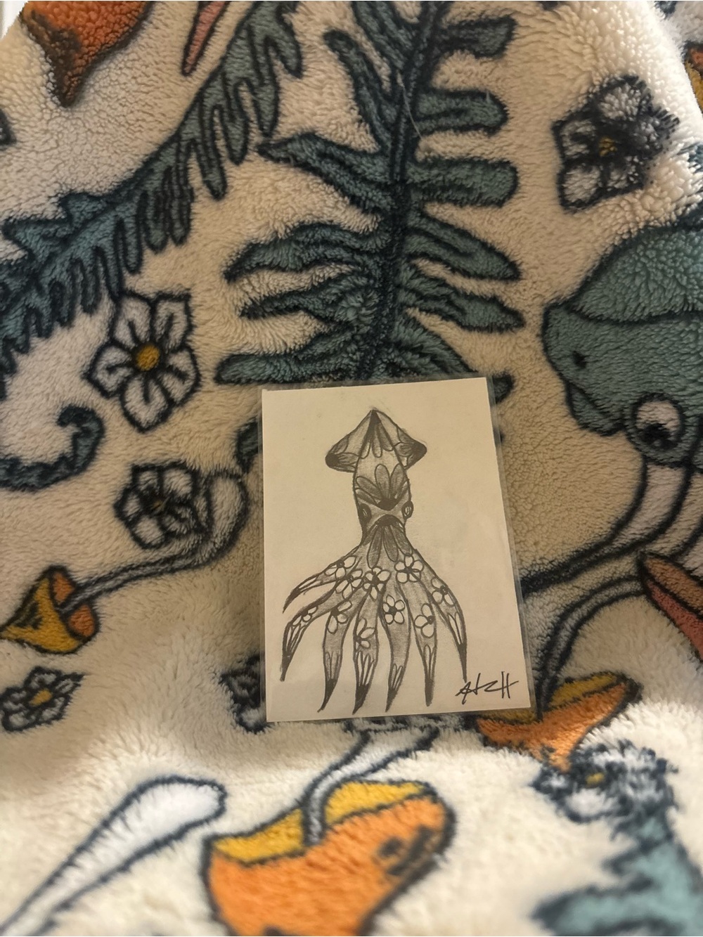 ORIGINAL ACEO “Floral Squid”Illustration Art Print - Black and White
